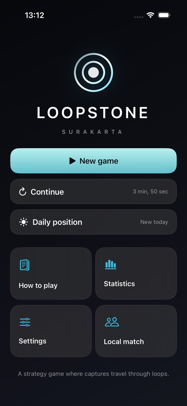Loopstone home screen with New game, Continue, Daily position and utility actions