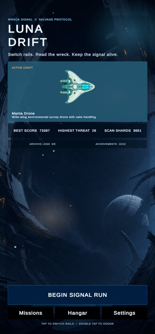 The base screen, showing the active craft, best score, highest threat and collected scan shards.