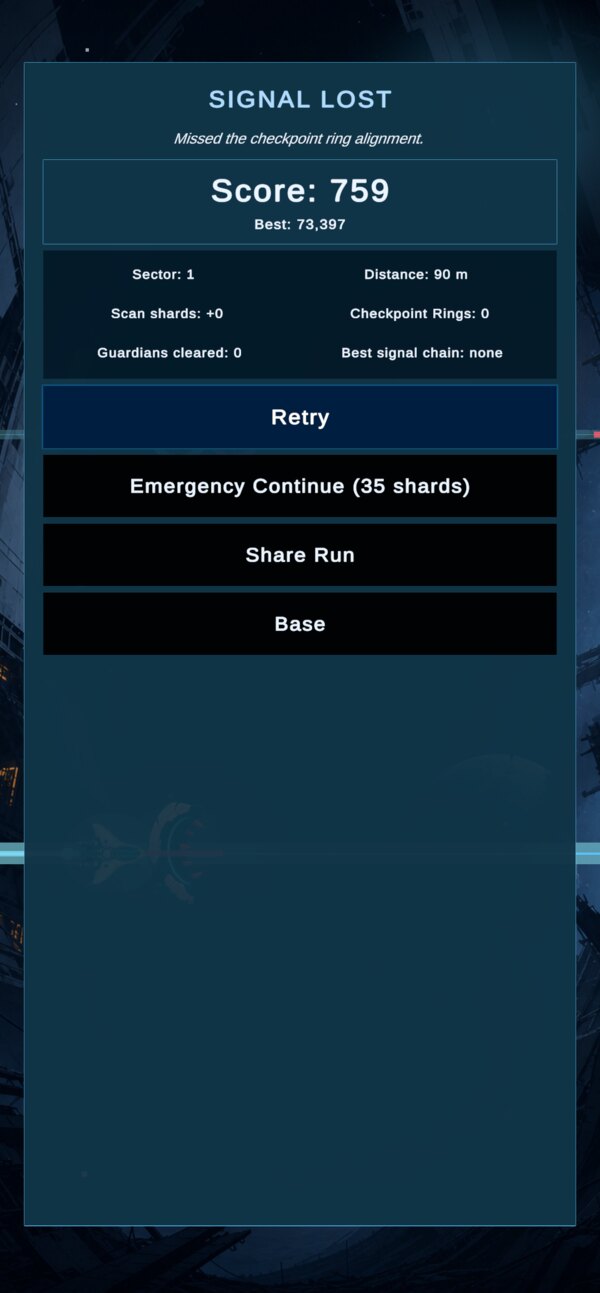 The end-of-run summary reading Signal lost, with score, sector, distance and shards recovered.