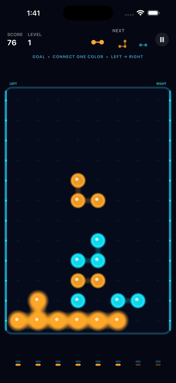 Amber and cyan nodes connect across a dark board between two glowing rails.