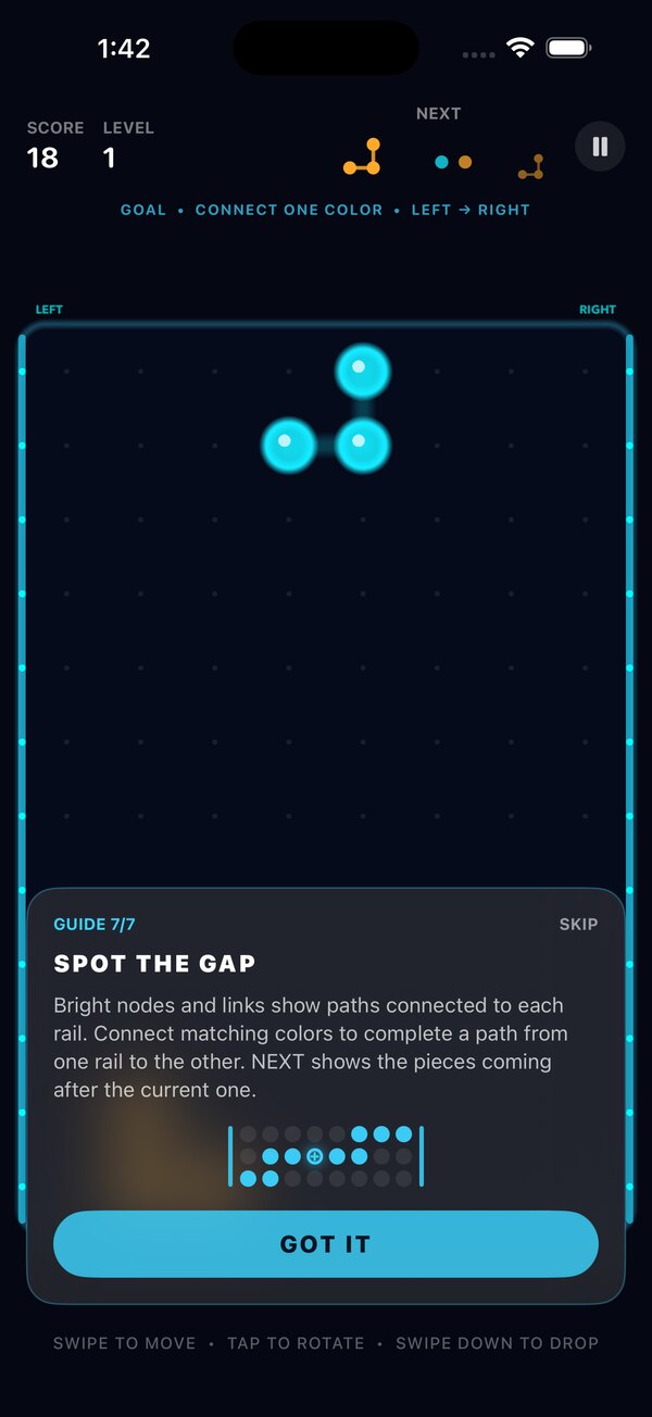 The Spot the Gap guide shows how matching cyan nodes complete a path between both rails.