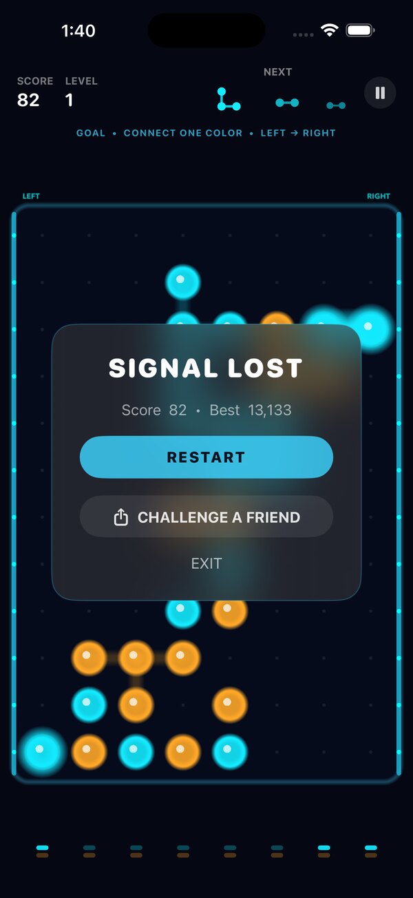 The Signal Lost card offers restart, score sharing and exit actions over the completed Nodefall board.