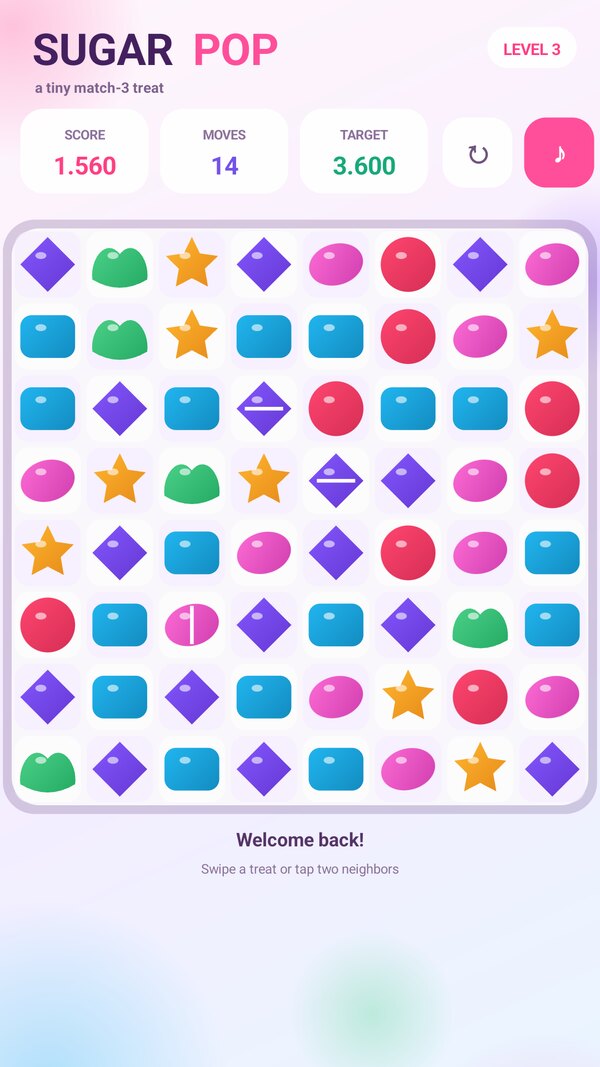 The Sugar Pop board mid-game, showing level 3 with a score of 1,560 and 14 moves left.