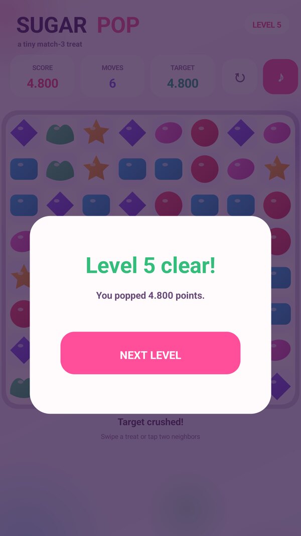 The level-clear card reading Level 5 clear, you popped 4,800 points.